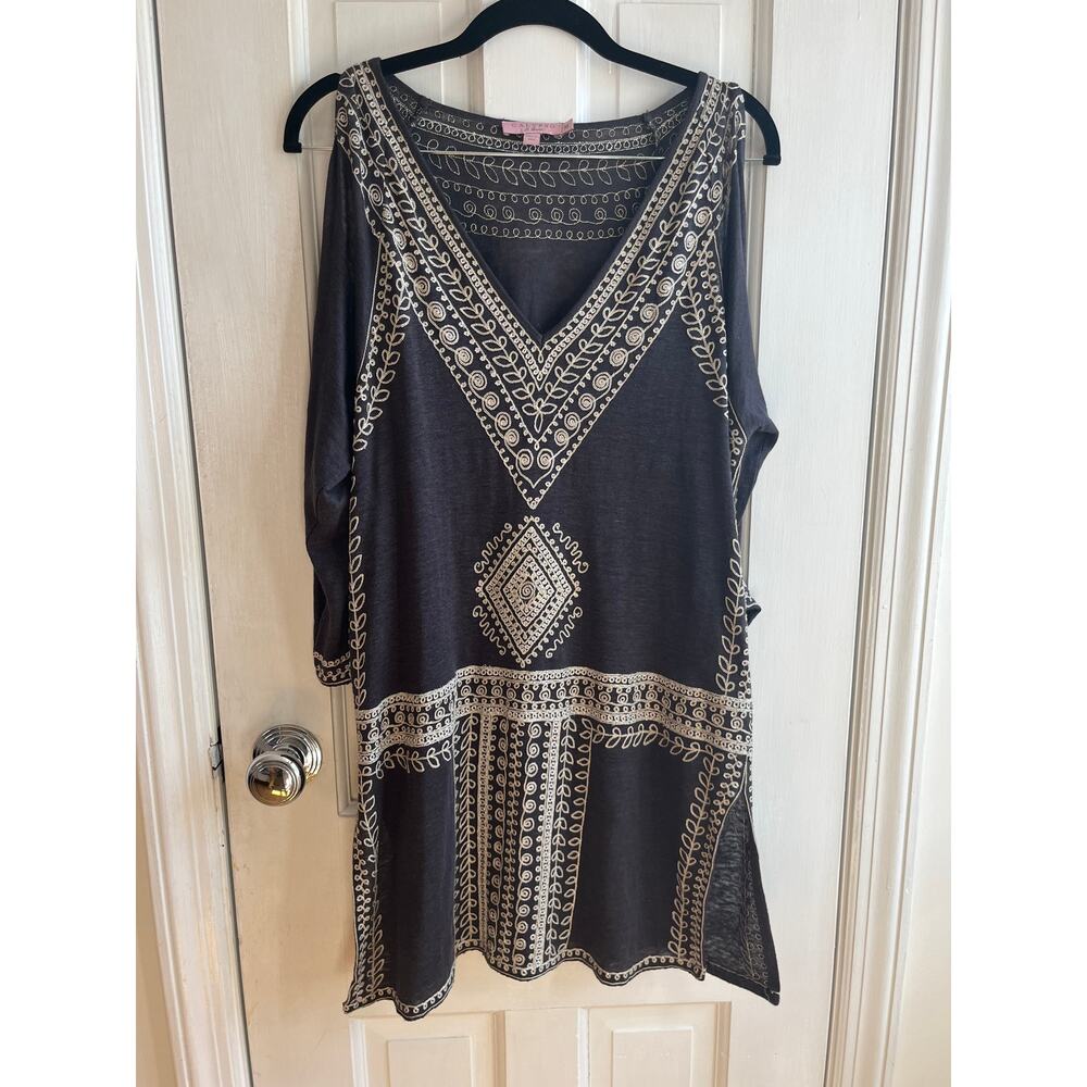 Calypso St. Barth Linen Grey Embroidered  Tunic Dress Medium - Boho Resort